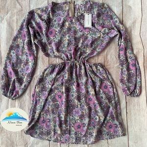 No comment NY LA Allover Floral Print Cut Out Waist Puff Sleeve Dress size L NEW